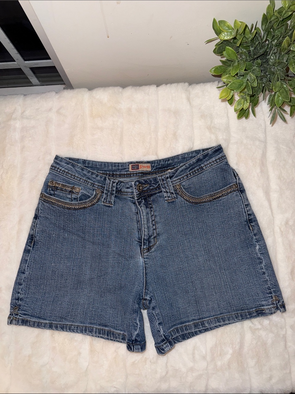 Faded Glory Blue Denim Shorts with Embellished Pocket Trim - Size 6